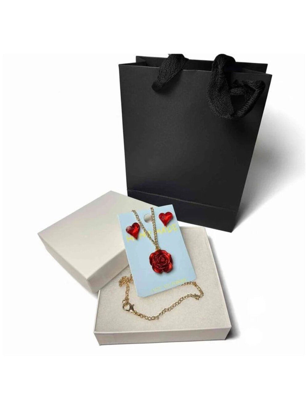 Unique Red Rose Pendant Necklace & Crystal Heart Earrings Romantic Gift Set